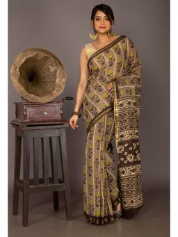 Unnati Silks - Grey Black Pure Ajrakh Mulmul Cotton Saree with Unstitched Blouse