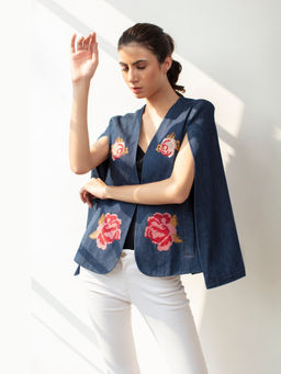 BOHO-CHIC By Sukriti Jain - Womens Enchanted Floral Embroidered Denim Cape