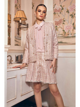 BOHO-CHIC By Sukriti Jain - Womens Pastel Pink Sequinned Metallic Tweed Blazer