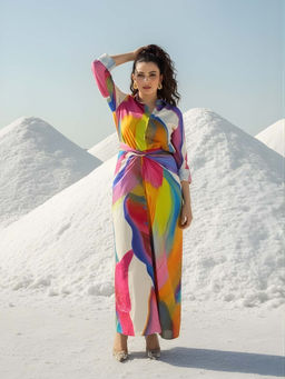 Poppi - Womens Rainbow Printed Wrapped Shirt with Skirt