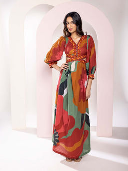 Poppi - Womens Multi-Color Autumn Printed Cut-Out Maxi Dress