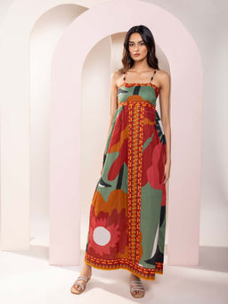 Poppi - Womens Multi-Color Autumn Printed Strappy Maxi Dress