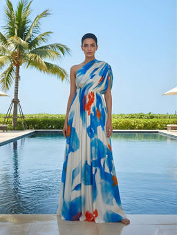 Poppi - Womens White Skyla Printed One - Shoulder Maxi Dress