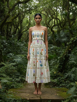 Poppi - Womens Off White Flower Printed Midi Dress