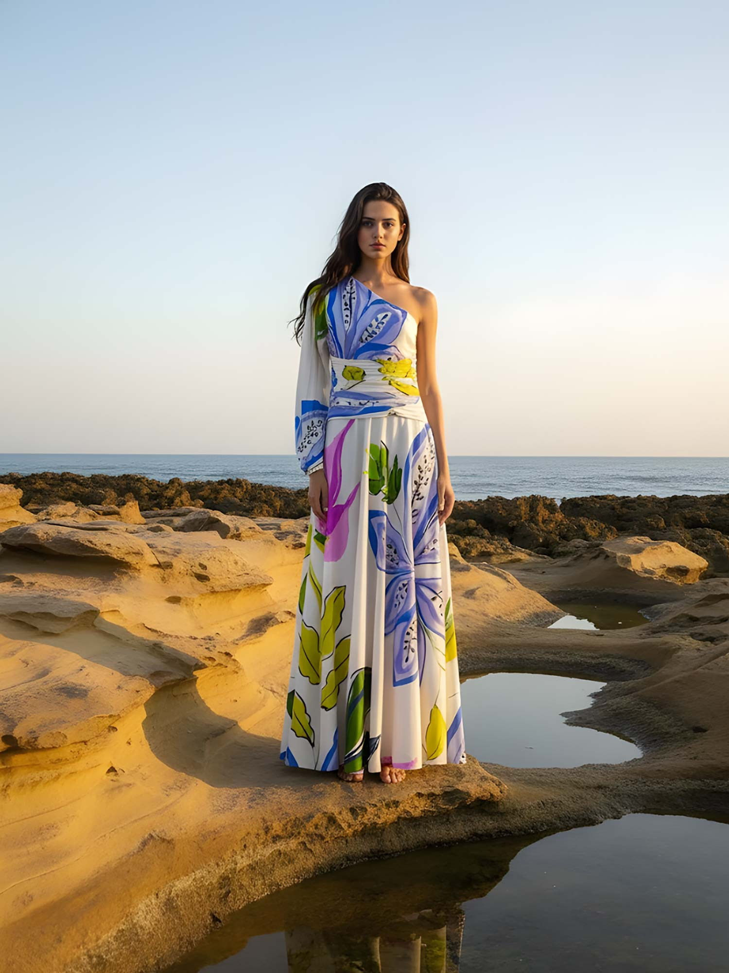 poppi Womens White Lily Printed One Shoulder Maxi Dress-picture-34
