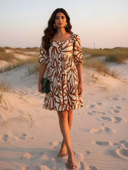 Poppi - Womens Cream Outline Printed Mini Dress