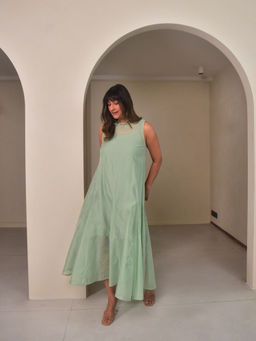 WHY SO BLUE - Womens Green Mei Chanderi Panelled Dress with Inner