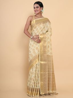Mimosa - Women Traditional Kasavu Art Silk Beige Saree with Unstitched Blouse