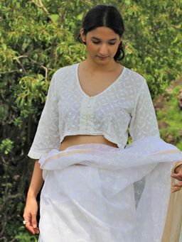 Chidiyaa - Ivory Pure Cotton Handprinted Blouse - Safed (Freesize)