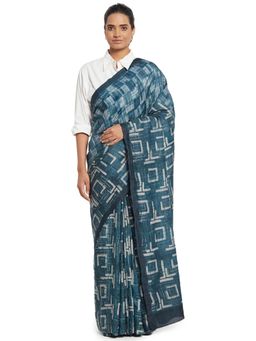 Fabindia - Teal Hand Block Print Silk Sari