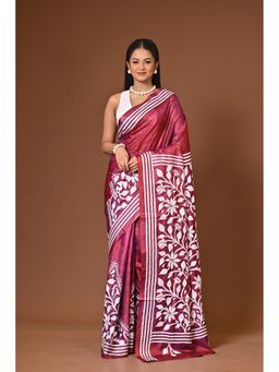 Ramshyam Collection - Maroon Blended Silk Kantha Saree with Unstitched Blouse