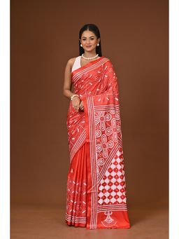 Ramshyam Collection - Red Blended Silk Kantha Saree with Unstitched Blouse