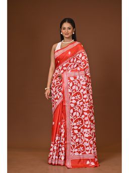 Ramshyam Collection - Red Blended Silk Kantha Saree with Unstitched Blouse