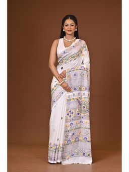 Ramshyam Collection - White Blended Silk Kantha Saree with Unstitched Blouse