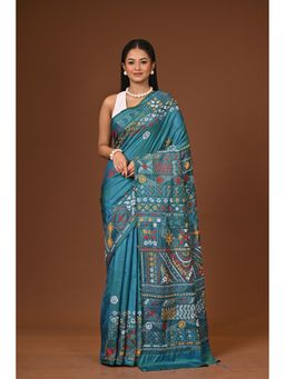 Ramshyam Collection - Teal Blended Silk Kantha Saree with Unstitched Blouse