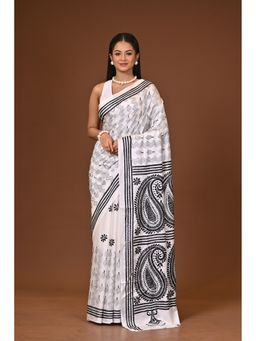 Ramshyam Collection - White Blended Silk Kantha Saree with Unstitched Blouse