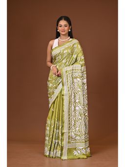 Ramshyam Collection - Green Blended Silk Kantha Saree with Unstitched Blouse