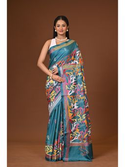 Ramshyam Collection - Teal Blended Silk Kantha Saree with Unstitched Blouse