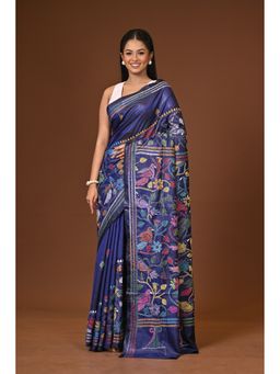 Ramshyam Collection - Navy Blue Blended Silk Kantha Saree with Unstitched Blouse