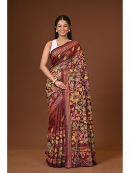 Ramshyam Collection - Brown Blended Silk Kantha Saree with Unstitched Blouse