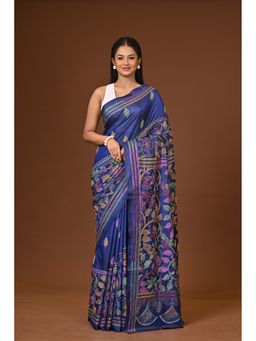 Ramshyam Collection - Navy Blue Blended Silk Kantha Saree with Unstitched Blouse