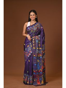 Ramshyam Collection - Purple Blended Silk Kantha Saree with Unstitched Blouse