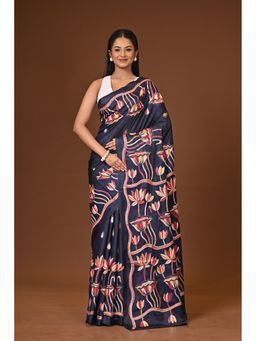 Ramshyam Collection - Navy Blue Blended Silk Kantha Saree with Unstitched Blouse