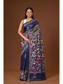 Ramshyam Collection - Navy Blue Blended Silk Kantha Saree with Unstitched Blouse