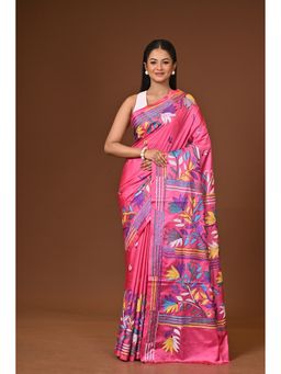 Ramshyam Collection - Pink Blended Silk Kantha Saree with Unstitched Blouse