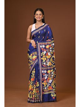 Ramshyam Collection - Navy Blue Blended Silk Kantha Saree with Unstitched Blouse