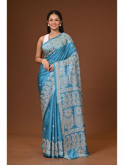 Ramshyam Collection - Blue Blended Silk Kantha Saree with Unstitched Blouse