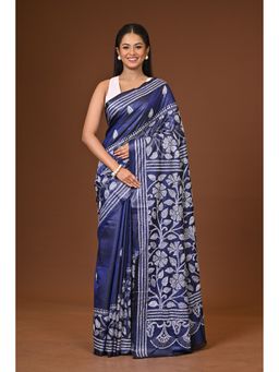 Ramshyam Collection - Navy Blue Blended Silk Kantha Saree with Unstitched Blouse
