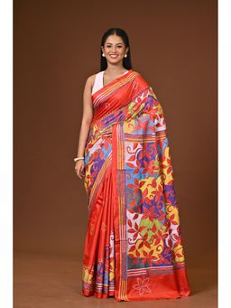 Ramshyam Collection - Red Blended Silk Kantha Saree with Unstitched Blouse