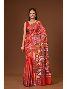 Ramshyam Collection - Red Blended Silk Kantha Saree with Unstitched Blouse
