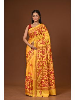 Ramshyam Collection - Yellow Blended Silk Kantha Saree with Unstitched Blouse
