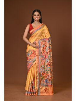 Ramshyam Collection - Yellow Blended Silk Kantha Saree with Unstitched Blouse