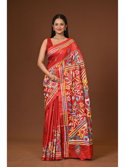 Ramshyam Collection - Red Blended Silk Kantha Saree with Unstitched Blouse