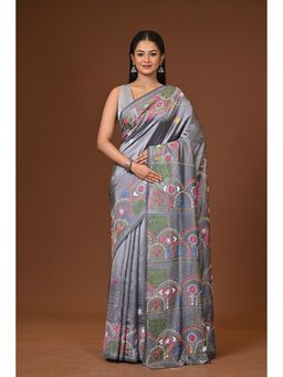 Ramshyam Collection - Grey Blended Silk Kantha Saree with Unstitched Blouse