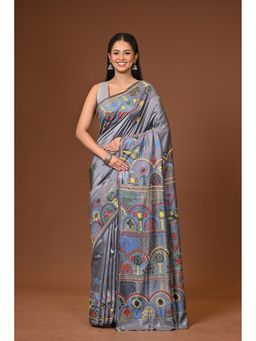 Ramshyam Collection - Grey Blended Silk Kantha Saree with Unstitched Blouse