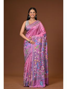 Ramshyam Collection - Pink Blended Silk Kantha Saree with Unstitched Blouse