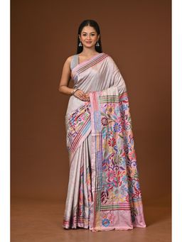 Ramshyam Collection - Grey Blended Silk Kantha Saree with Unstitched Blouse