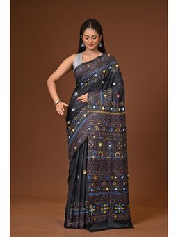 Ramshyam Collection - Black Blended Silk Kantha Saree with Unstitched Blouse