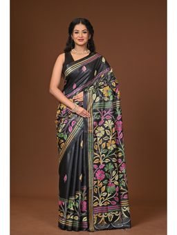Ramshyam Collection - Black Blended Silk Kantha Saree with Unstitched Blouse