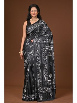 Ramshyam Collection - Black Blended Silk Kantha Saree with Unstitched Blouse