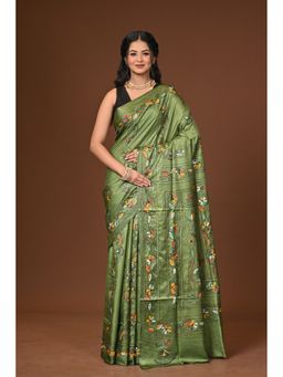 Ramshyam Collection - Green Blended Silk Kantha Saree with Unstitched Blouse