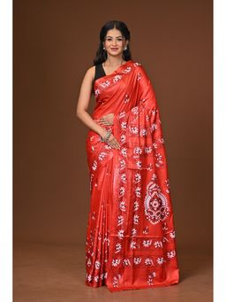 Ramshyam Collection - Red Blended Silk Kantha Saree with Unstitched Blouse