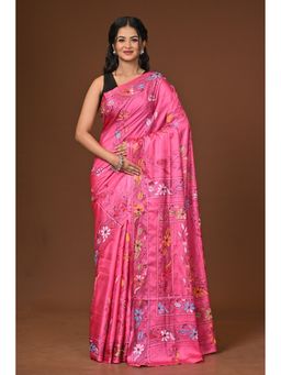 Ramshyam Collection - Pink Blended Silk Kantha Saree with Unstitched Blouse