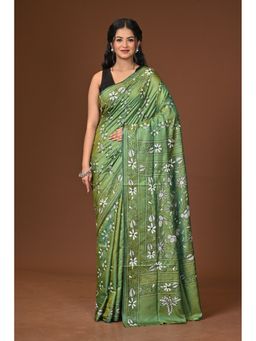Ramshyam Collection - Green Blended Silk Kantha Saree with Unstitched Blouse