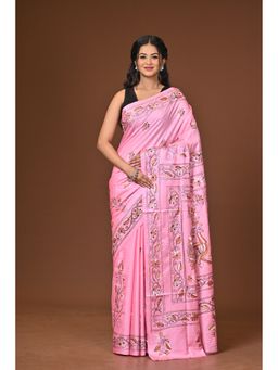 Ramshyam Collection - Pink Blended Silk Kantha Saree with Unstitched Blouse