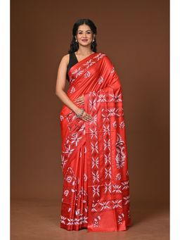 Ramshyam Collection - Red Blended Silk Kantha Saree with Unstitched Blouse